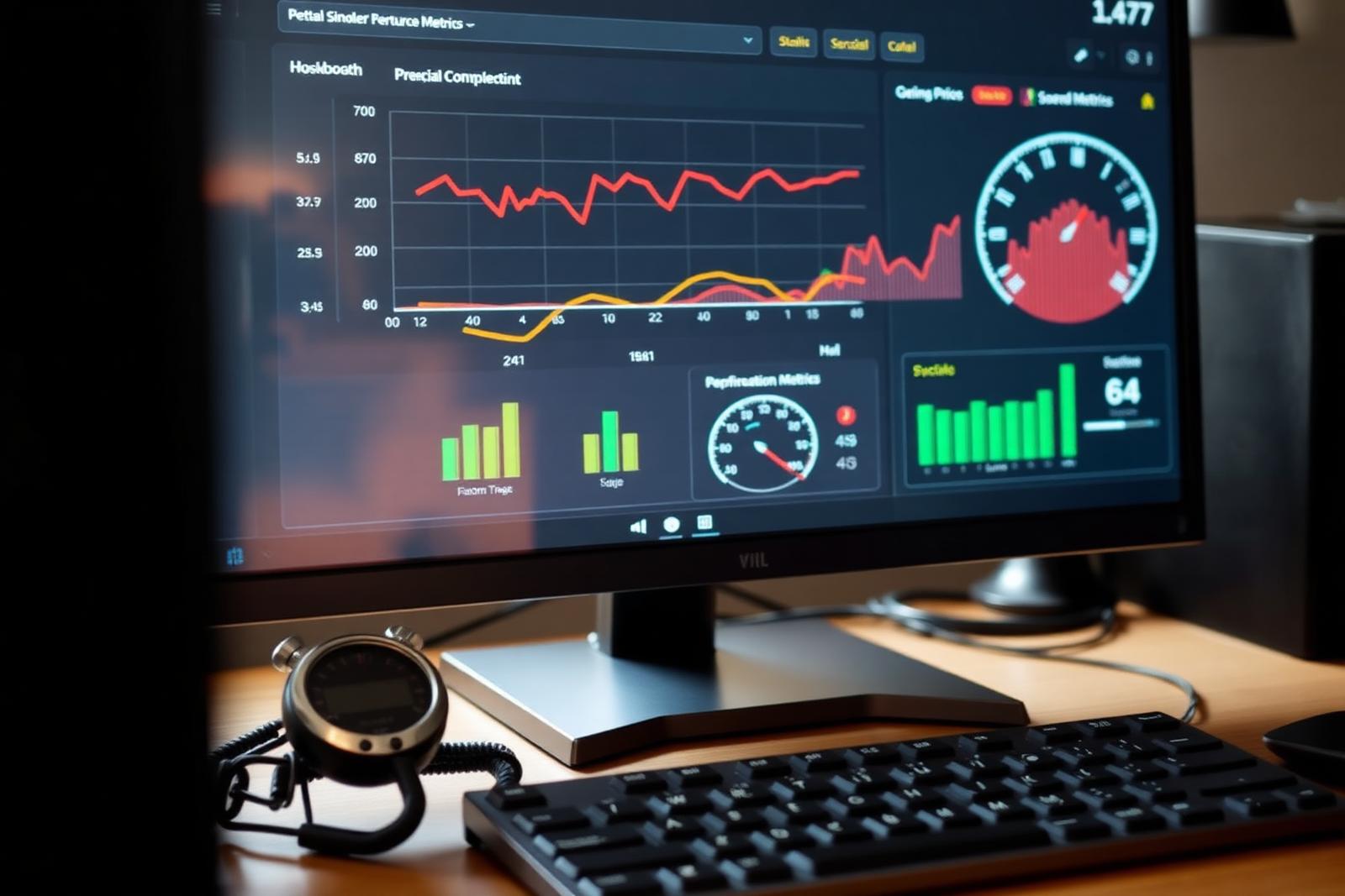 Website performance and speed metrics dashboard with charts and a speedometer gauge, a stopwatch beside the keyboard.