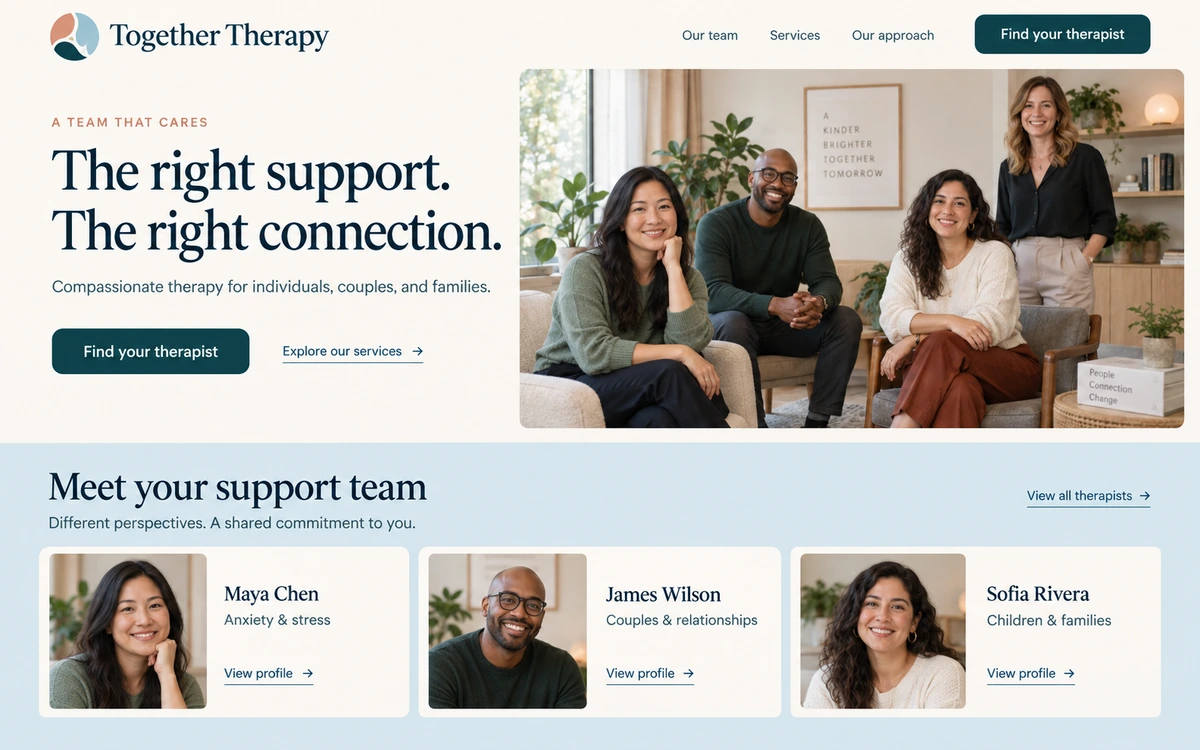 Group practice website design concept listing multiple clinicians with individual booking paths — design concept, placeholder content