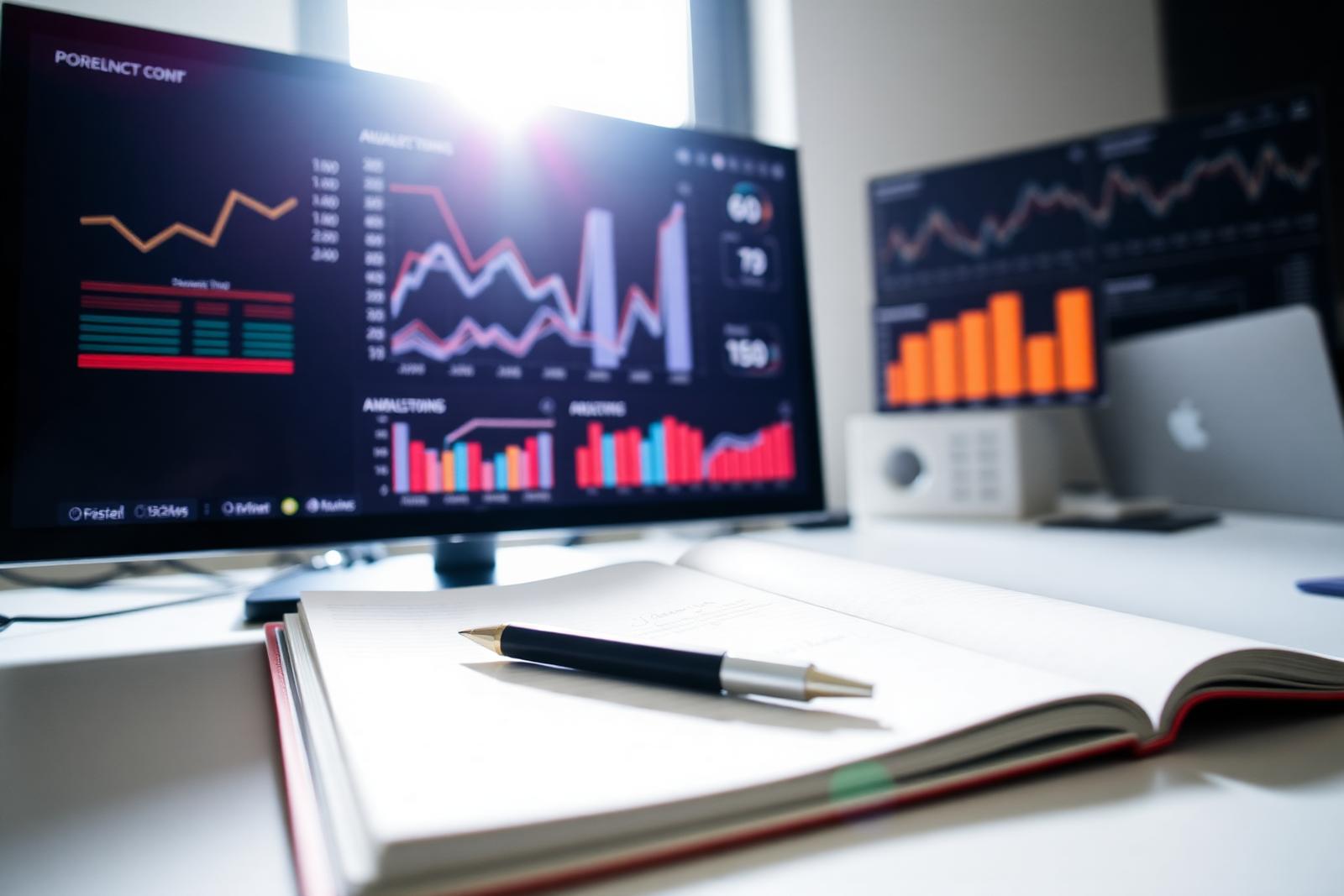SEO analytics dashboard on a monitor with traffic and ranking charts, an open notebook and pen in the foreground on a bright desk.