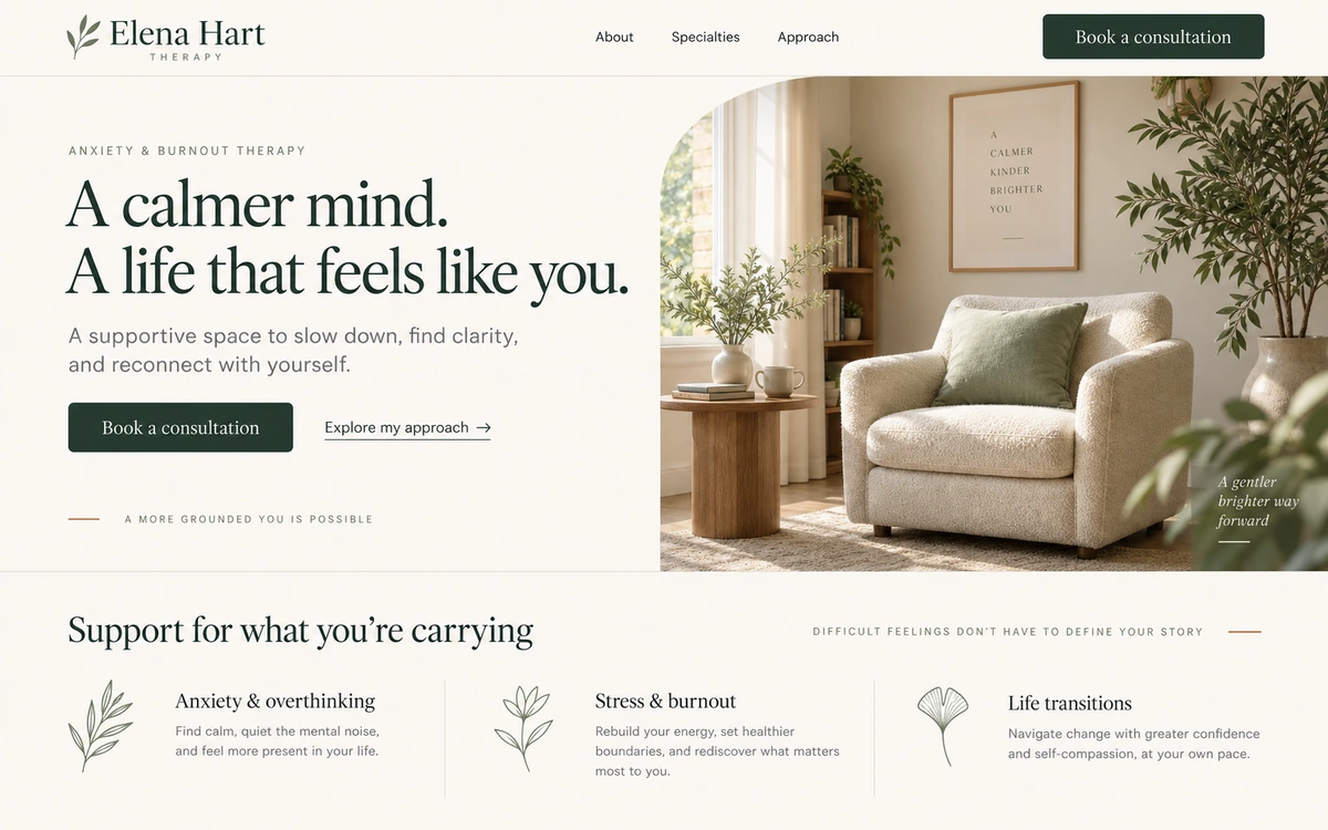 Therapist website design concept showing a specialty page for anxiety therapy with a consultation request form — design concept, placeholder content