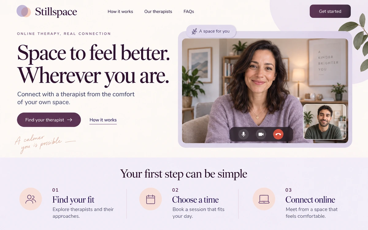 Teletherapy website design concept showing licensed states and an online session interface — design concept, placeholder content