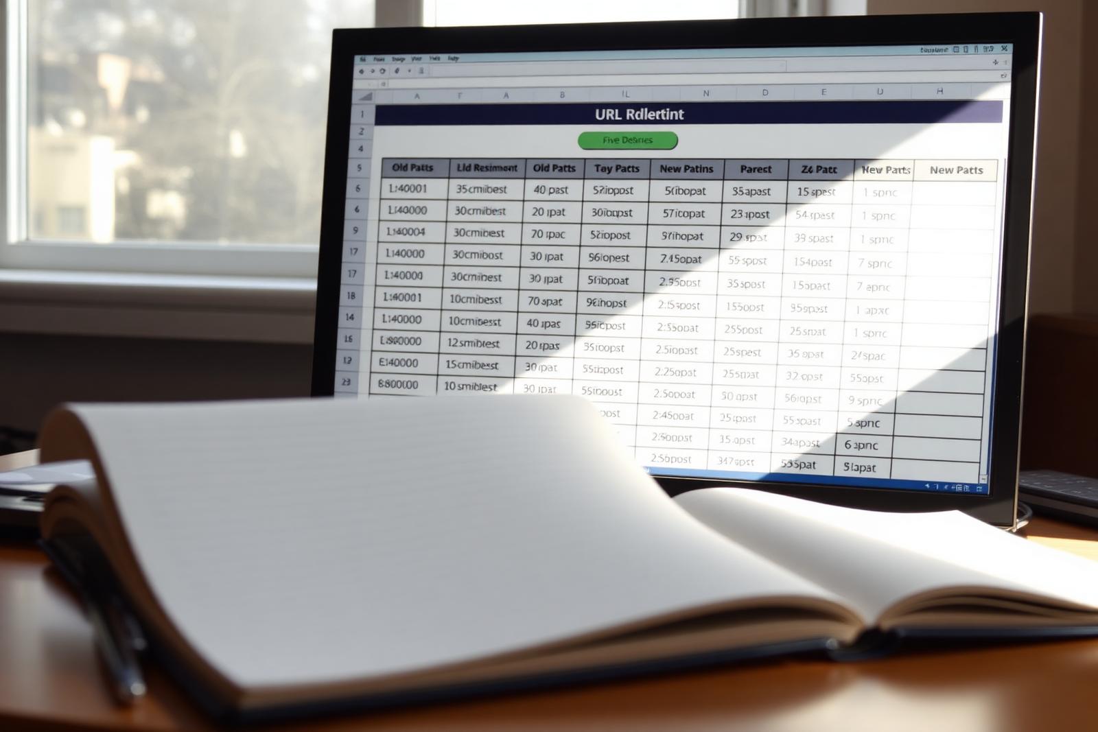 Computer monitor showing a URL redirect mapping spreadsheet with old paths mapped to new paths — protecting SEO during a website redesign.