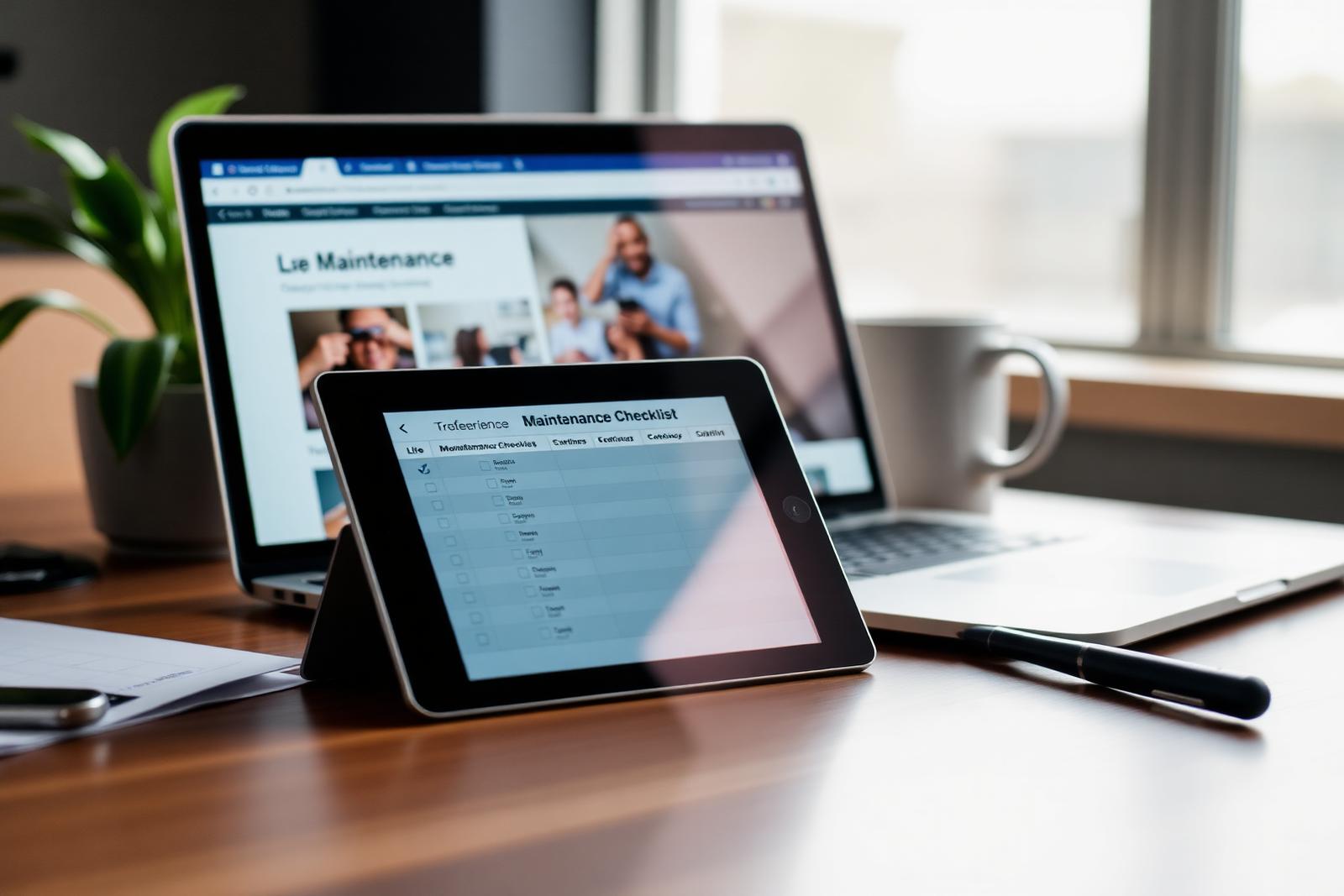 A tablet showing a maintenance checklist standing beside a laptop displaying a live business website — ongoing website care.