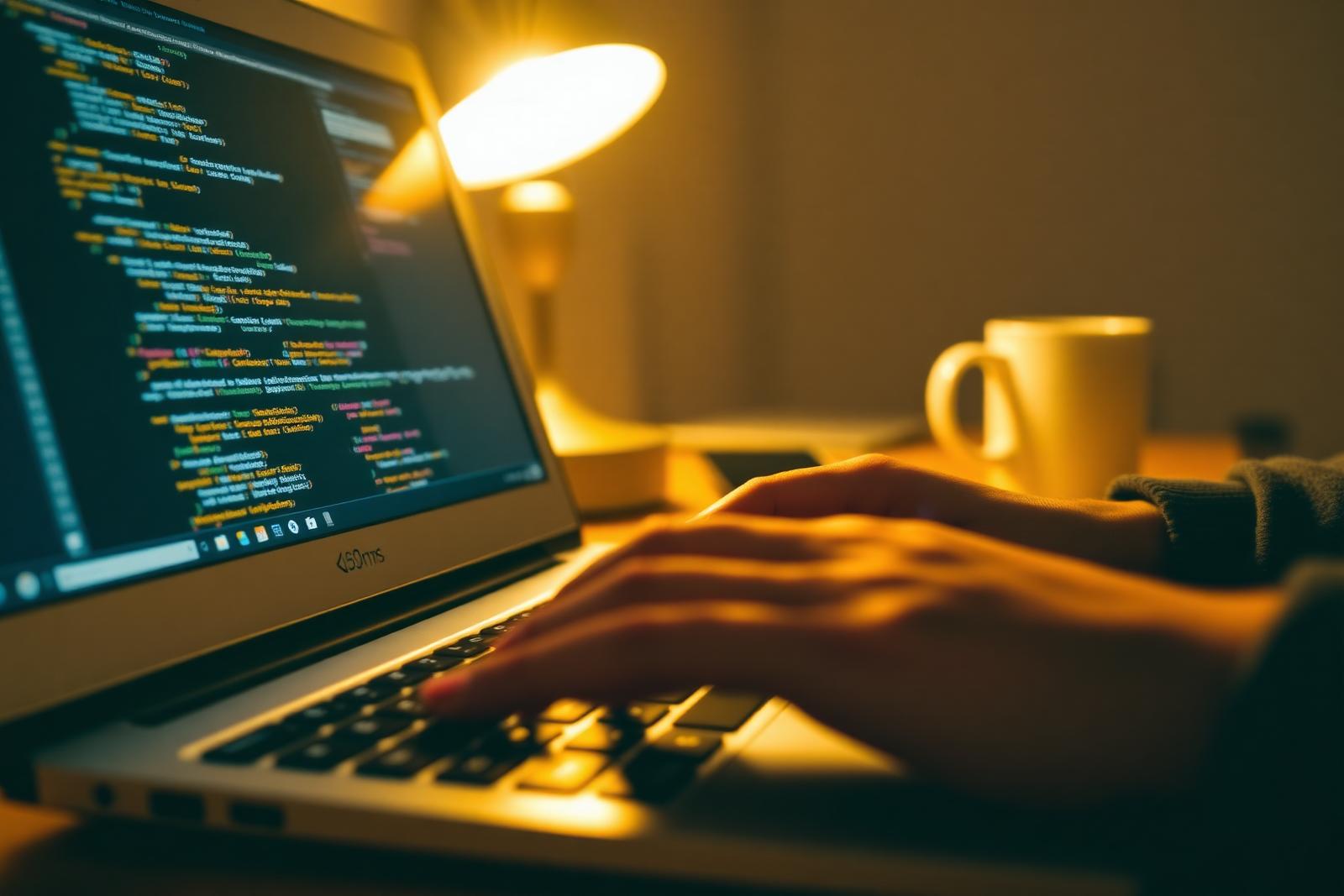 Close-up of hands typing on a laptop keyboard with syntax-highlighted code visible on screen — hand-coded web development work.