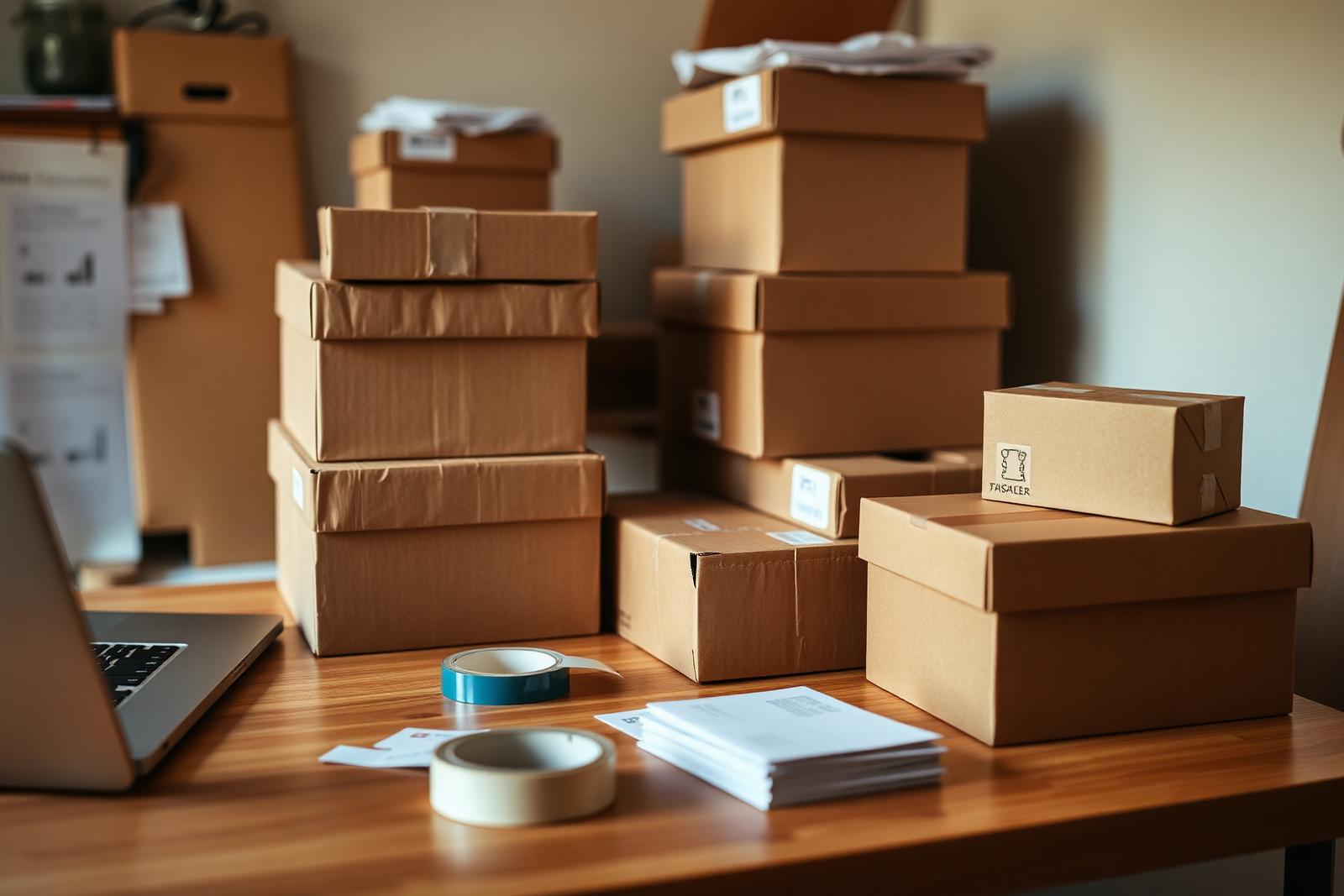 Small ecommerce packing station with brown shipping boxes ready to ship, packing tape and a laptop on the corner of the desk.