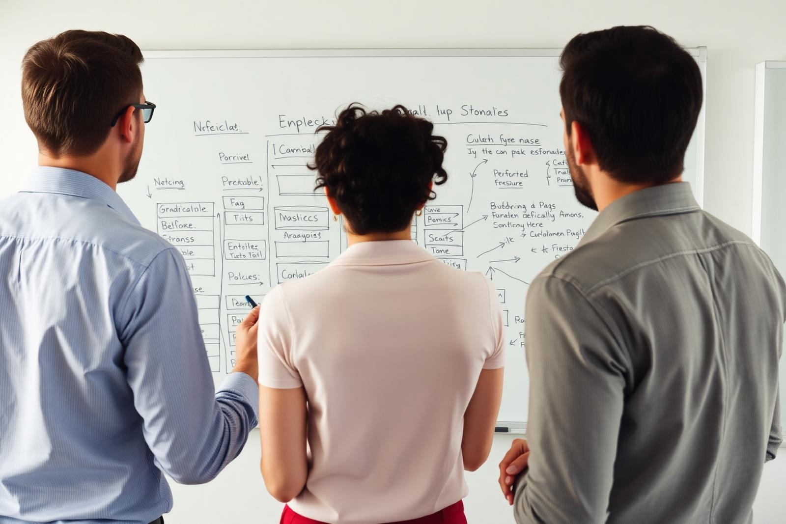 Three people at a whiteboard sketching a website sitemap and page structure together — planning web design and SEO in the same session.