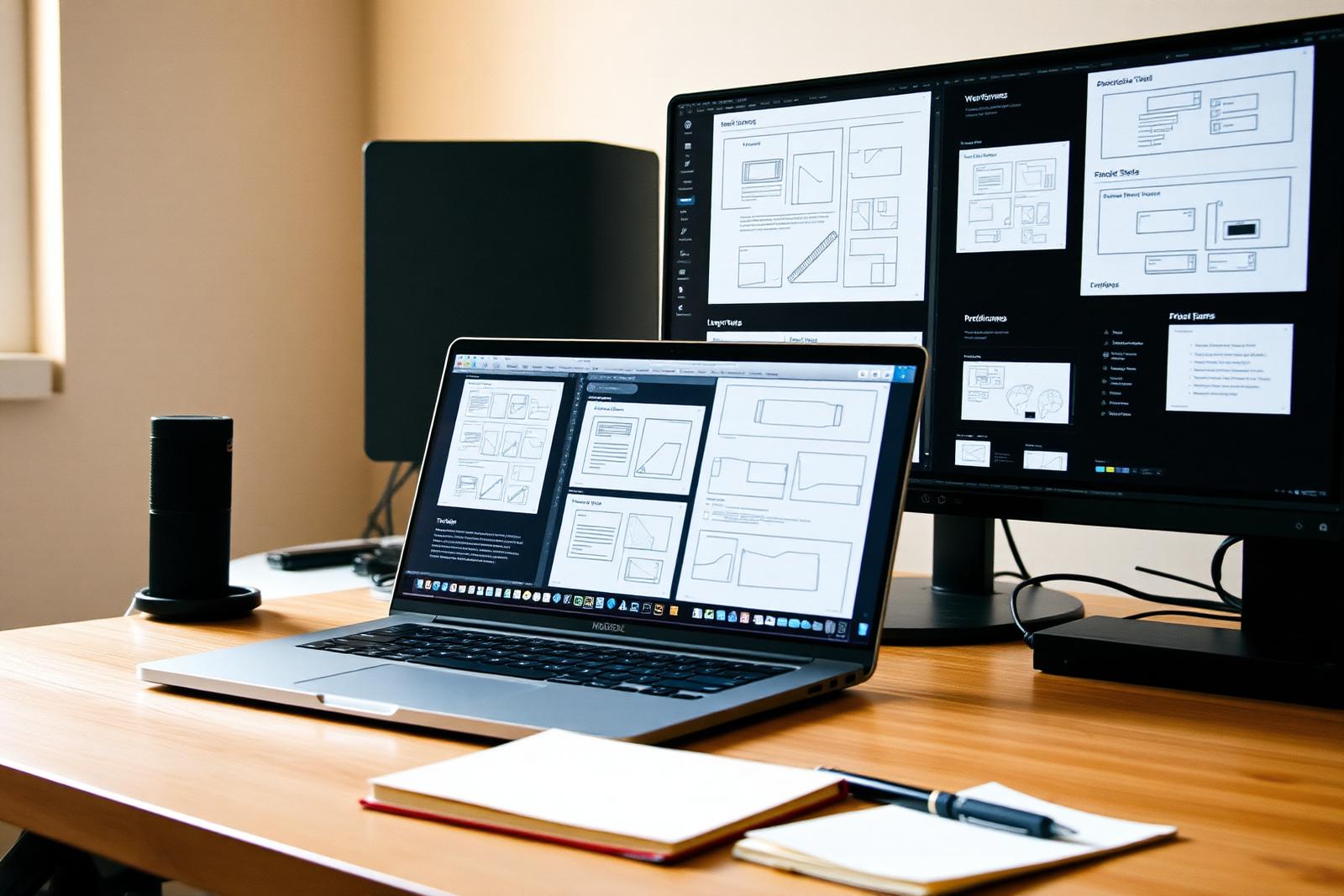 Web designer's desk with wireframe layouts on a large monitor and a laptop, notebook and pen in the foreground, natural window light — custom web design work in progress.
