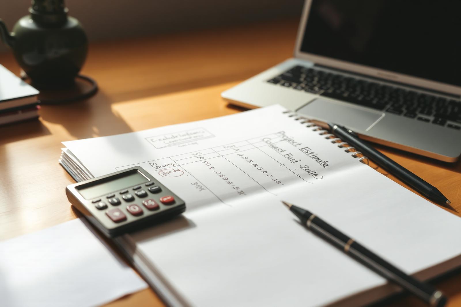Open notebook with a handwritten project cost estimate breakdown, calculator and pen alongside a laptop — pricing a professional website.