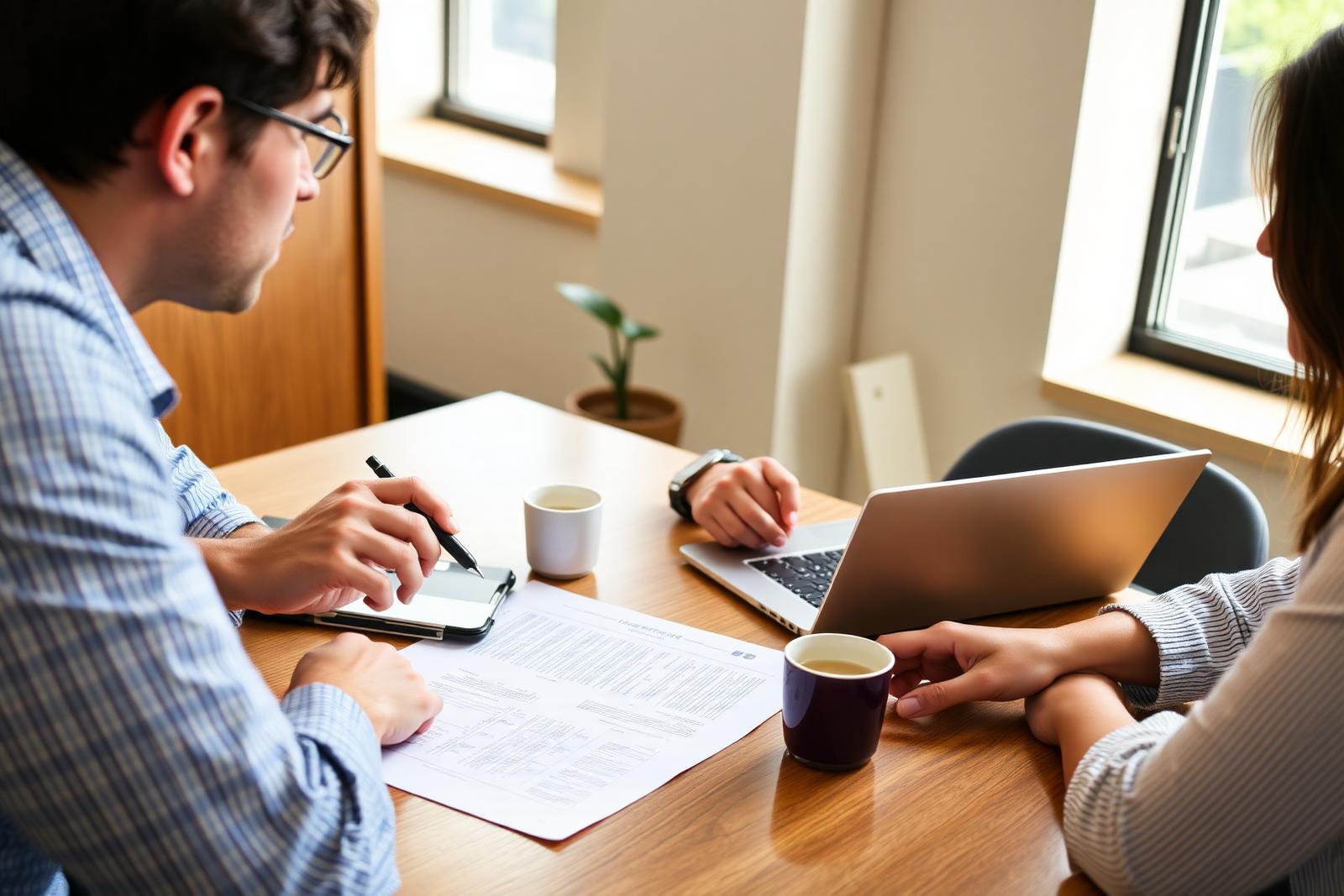 Two people across a meeting table reviewing a printed proposal with a laptop open — client interviewing a web design agency.