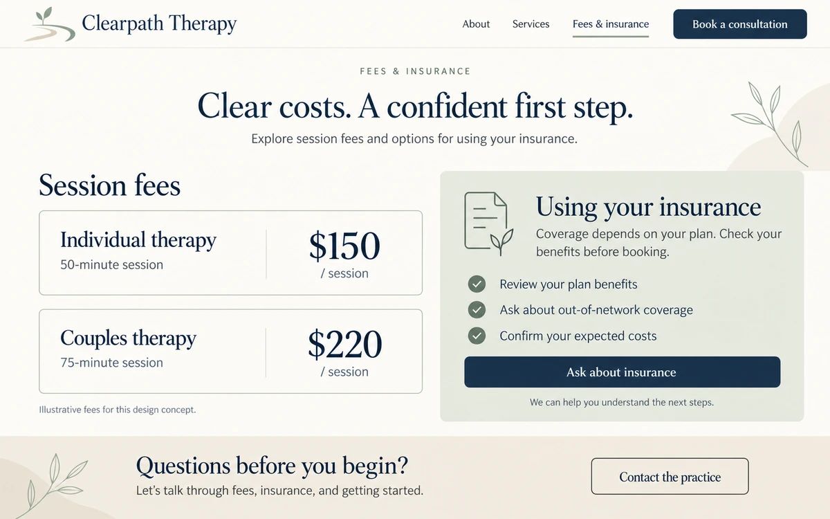 Therapist website concept leading with session fees, insurance panels and sliding scale information before the enquiry form — design concept, placeholder content
