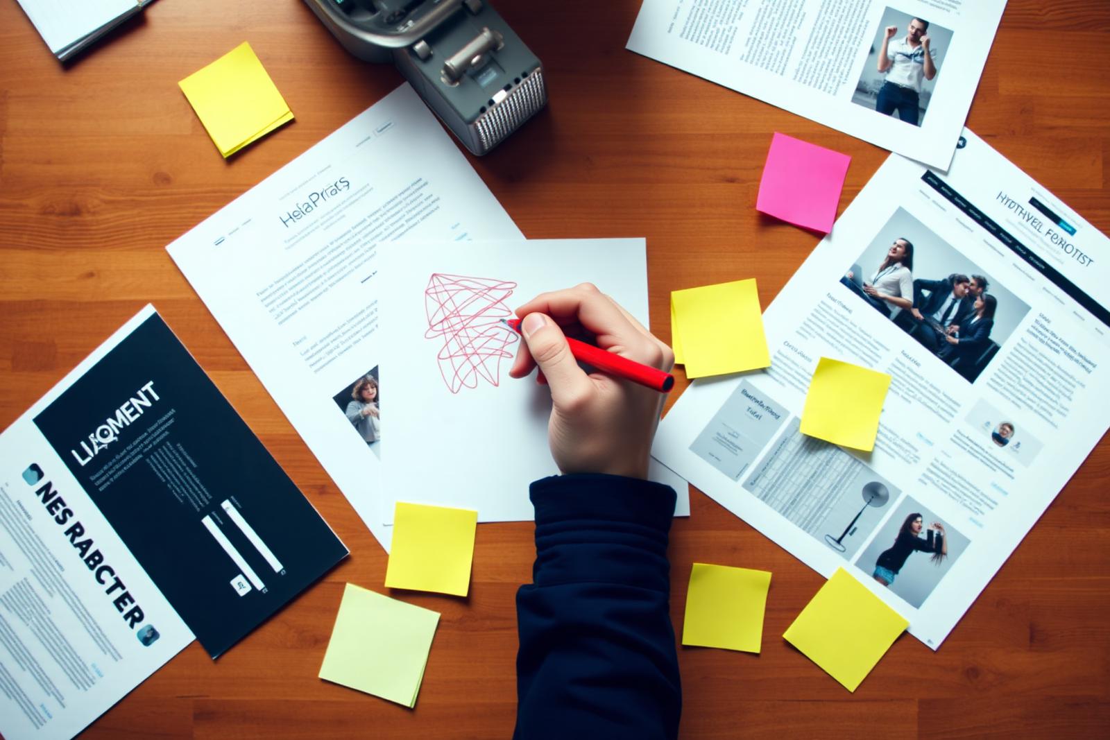 Printed website page layouts spread across a table with a hand annotating one of them in red pen — website redesign review in progress.