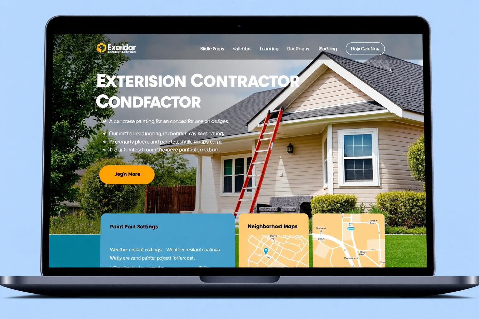 Fictional exterior painting contractor website concept with siding prep detail, weather-resistant coatings and a neighborhood project map