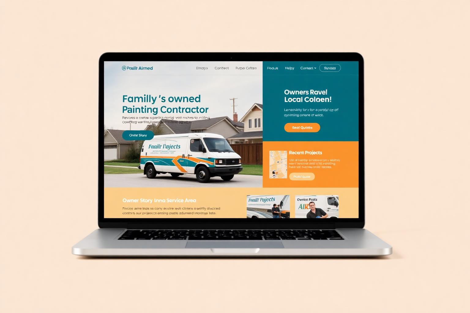 Fictional family-owned painting contractor website concept with owner story, service area map and recent projects