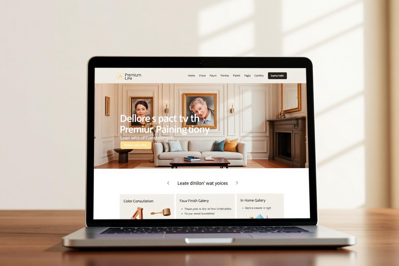 Fictional premium interior painting website concept with color consultation, faux finish gallery and in-home estimate booking
