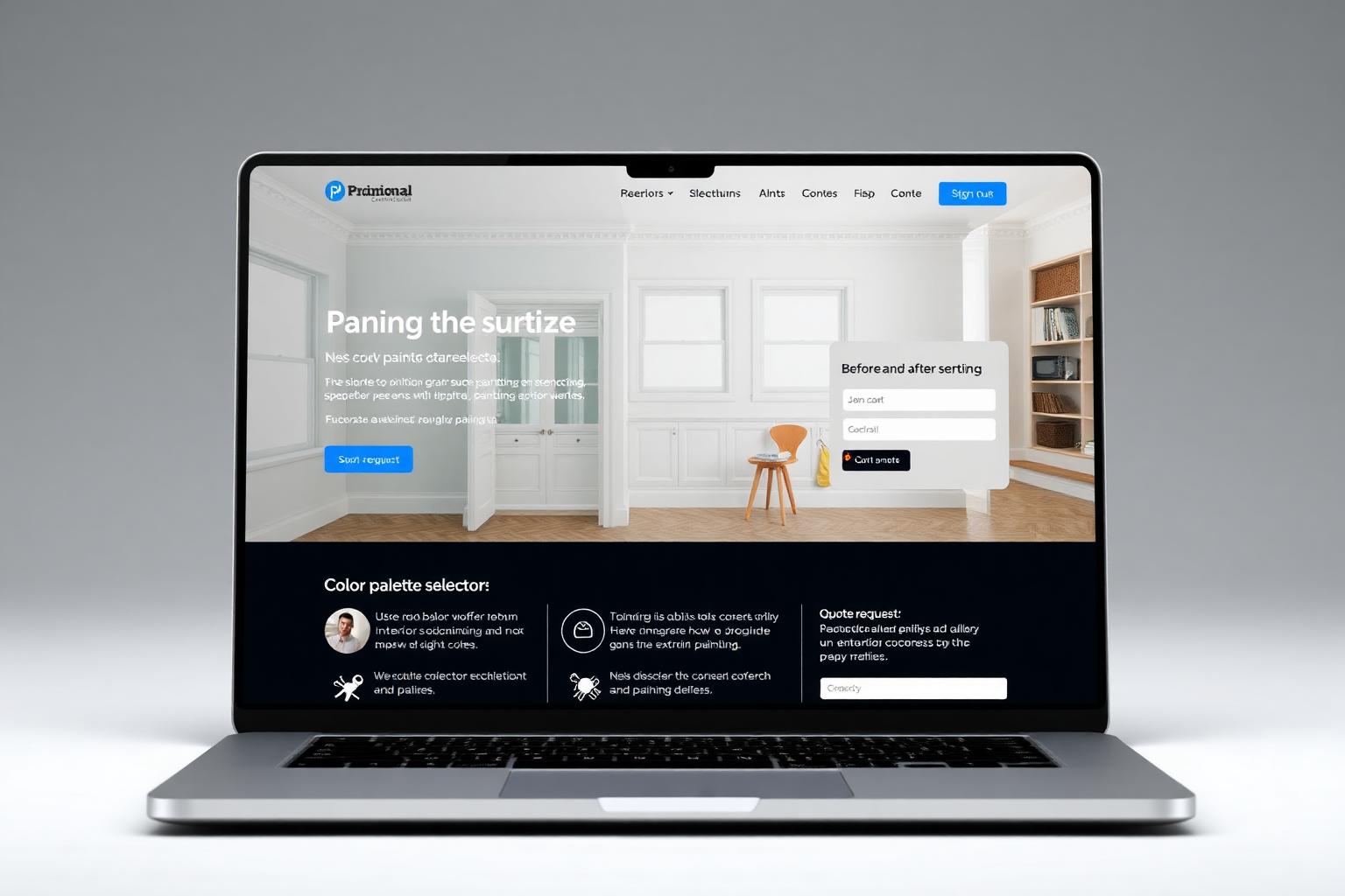 Fictional residential painting contractor website concept with interior and exterior service cards, color inspiration and a short estimate form