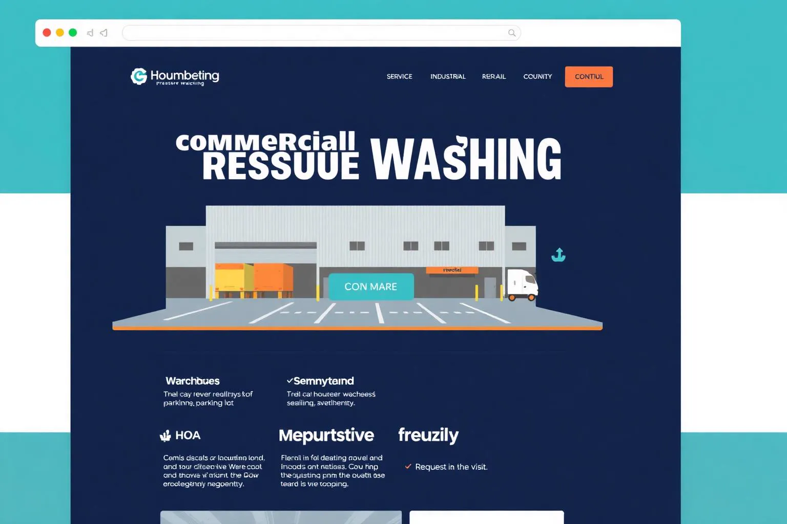 Fictional commercial pressure washing website concept with industrial service categories and a site-visit call to action