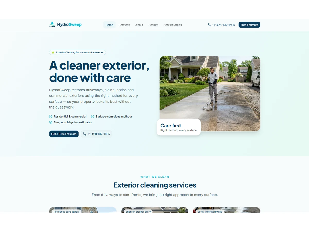 HydroSweep residential exterior cleaning website concept with a four-step estimate process and surface-led service copy