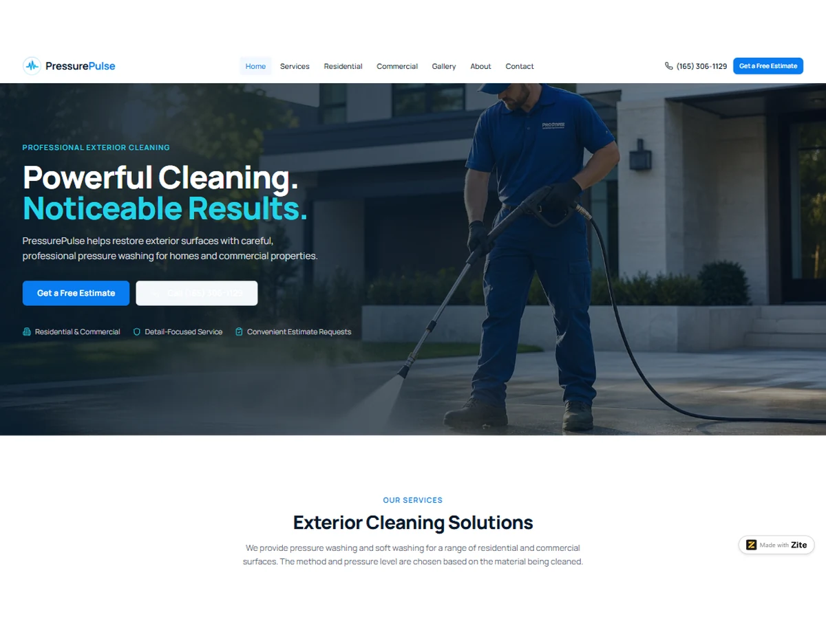 PressurePulse pressure washing website design concept with an eight-service grid, before-and-after section and a service-area map