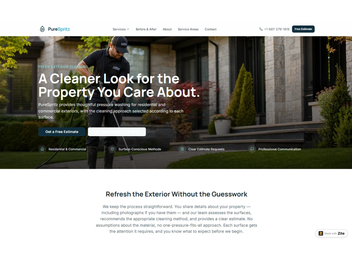 PureSpritz pressure washing website design concept comparing pressure washing and soft washing, with photo-supported estimate requests