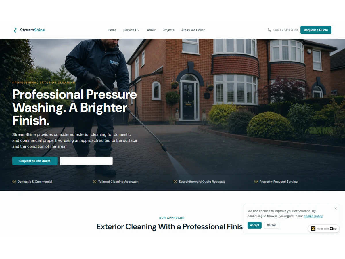 StreamShine commercial pressure washing website concept with a domestic-or-commercial property selector and industrial service sections