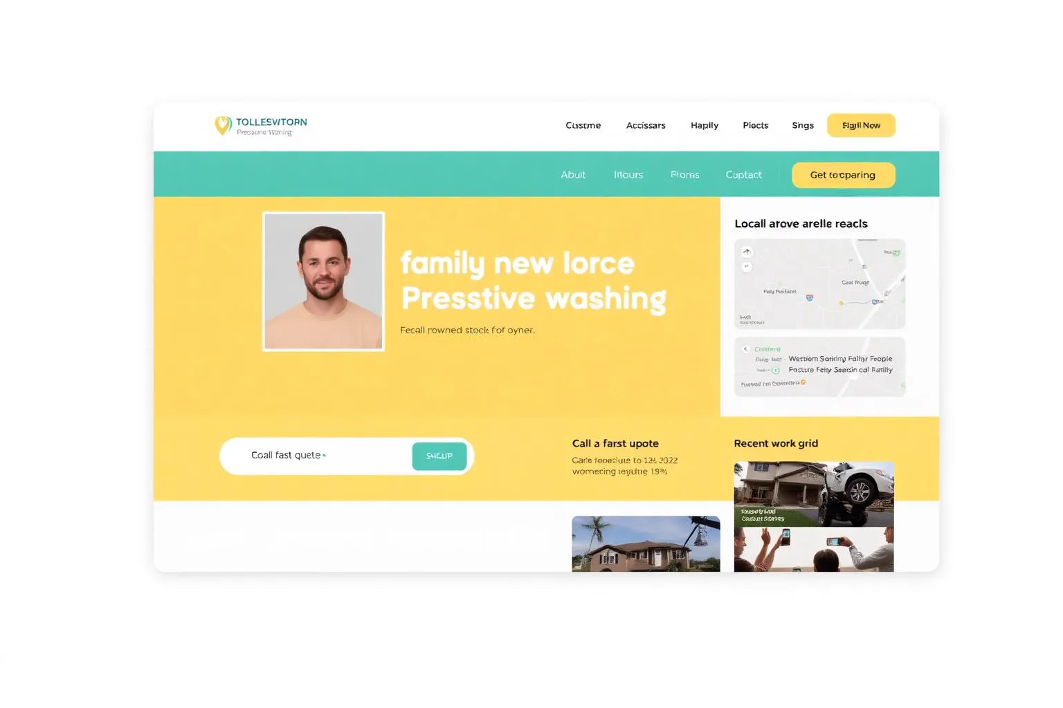 Fictional family-owned pressure washing website concept with a local service area, recent work and phone quote call to action