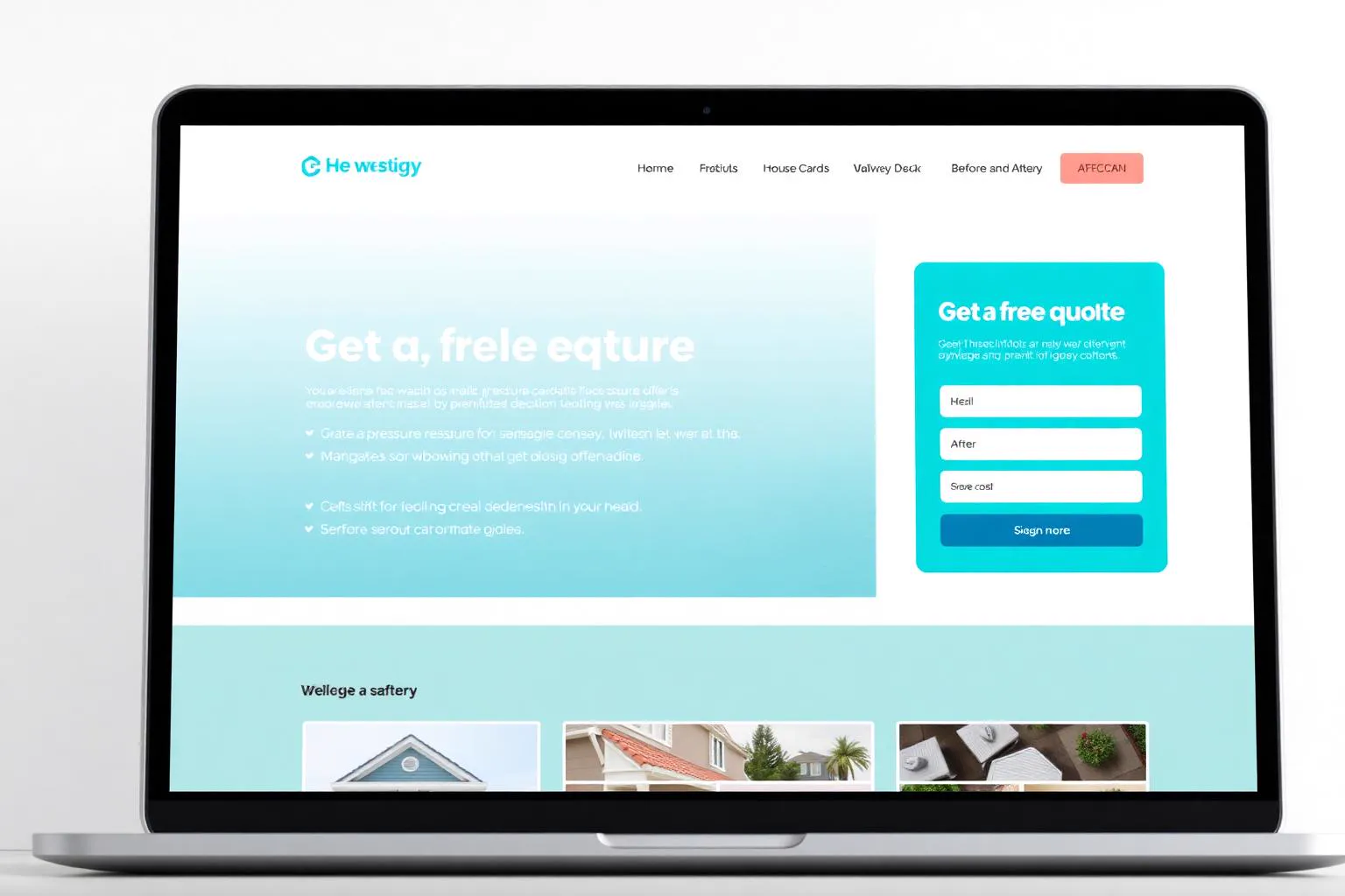 Fictional residential pressure washing website concept with a quote form, service cards and before-and-after gallery