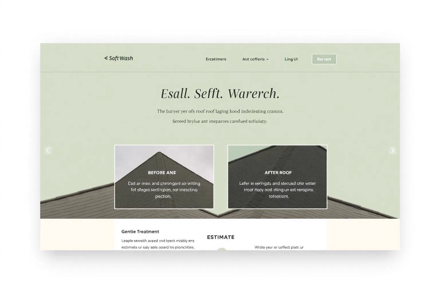 Fictional soft washing and roof cleaning website concept with gentle-treatment messaging and before-and-after roof imagery