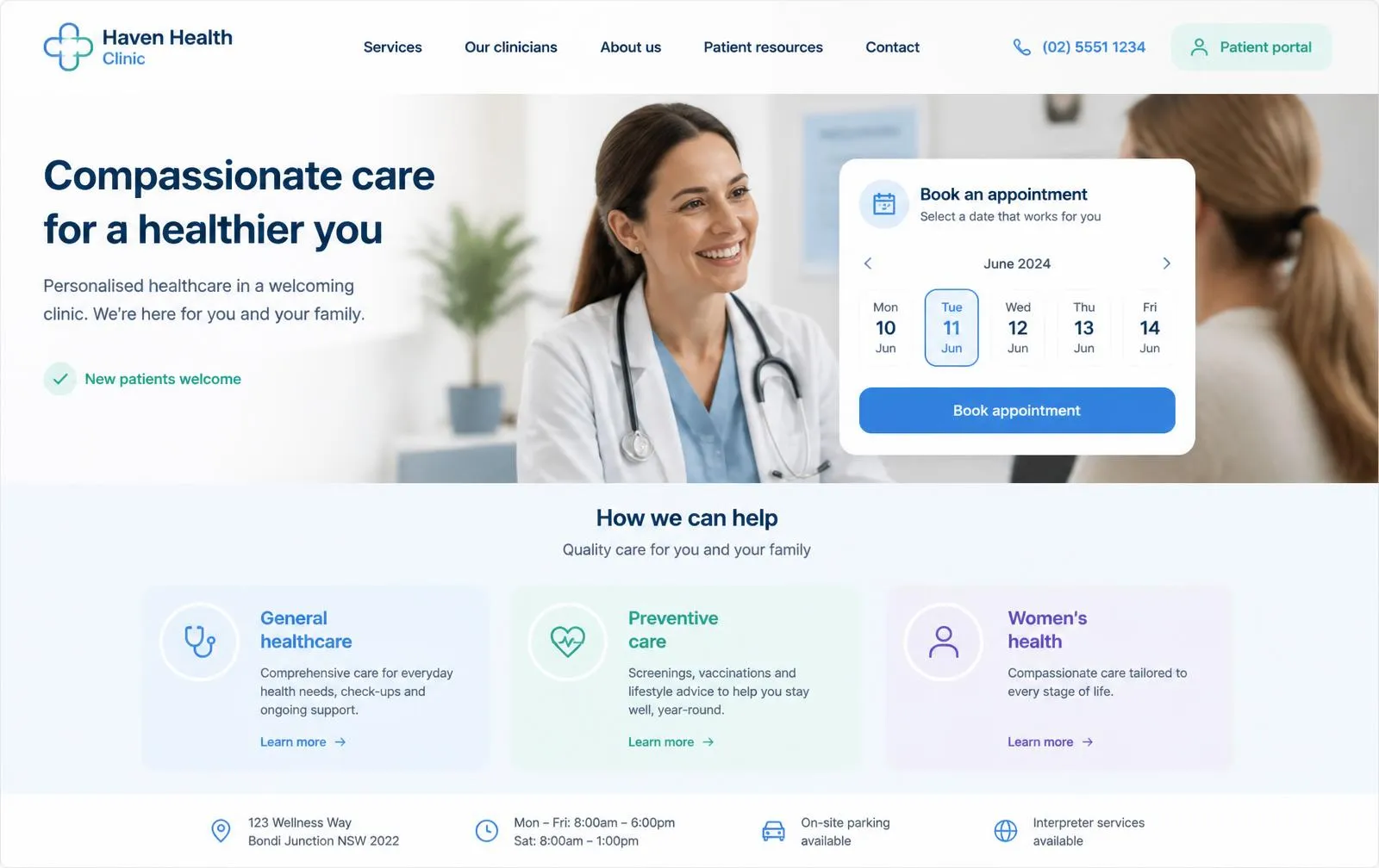Aster Health concept clinic website homepage in soft blue and mint, showing a photograph of a smiling clinician with a patient, an appointment booking widget with date chips and three pastel service cards