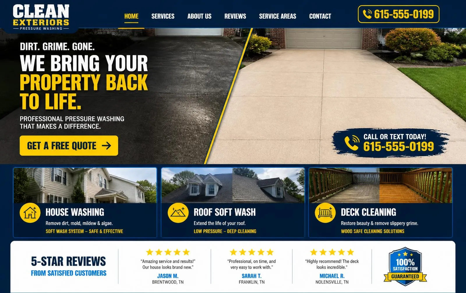 Clean Exteriors concept pressure-washing website homepage in bold blue and yellow, with a split before-and-after driveway photograph, a get-a-free-quote button, call-now phone badge and house, roof and deck service tiles