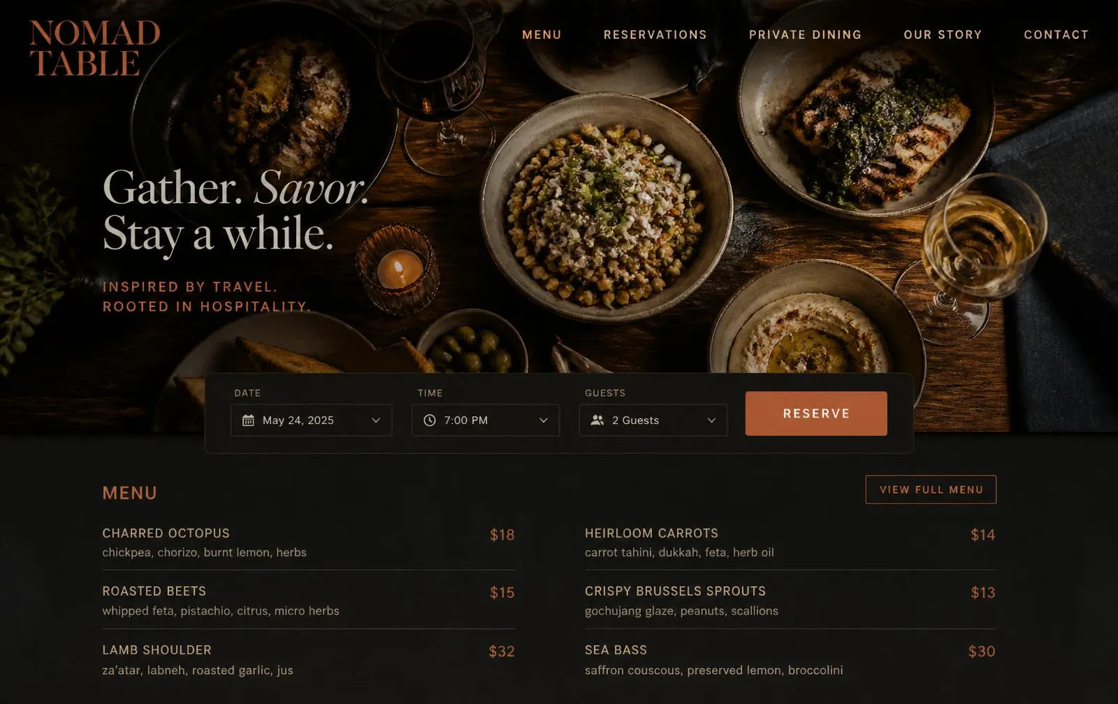 Nomad Table concept restaurant website homepage with moody overhead photography of shared plates, a date, time and guests reservation bar and a two-column menu with prices