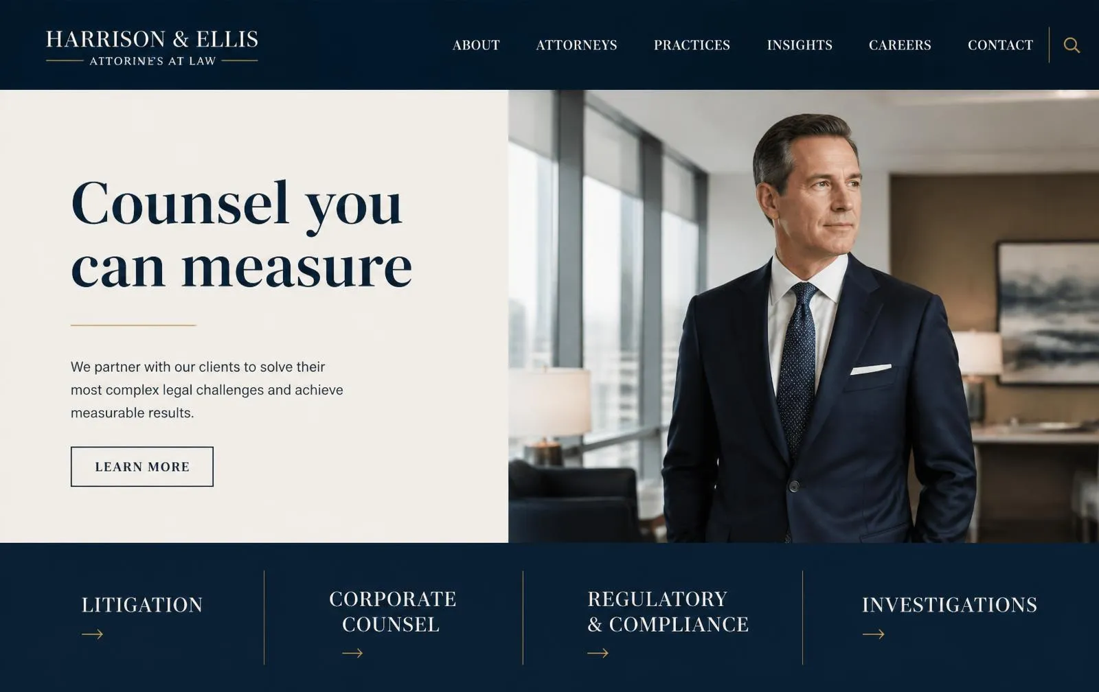 Northstar Legal concept law-firm website homepage in navy and cream with serif headlines, a photograph of an attorney in a modern office and a row of practice-area links