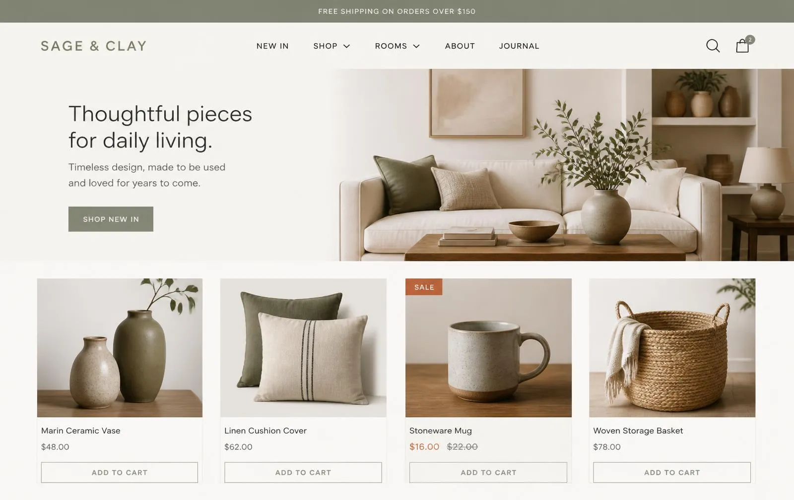 Sage and Clay concept ecommerce homepage in warm off-white with a styled living-room lifestyle banner and a four-product grid of ceramics, cushions and baskets with prices and add-to-cart buttons