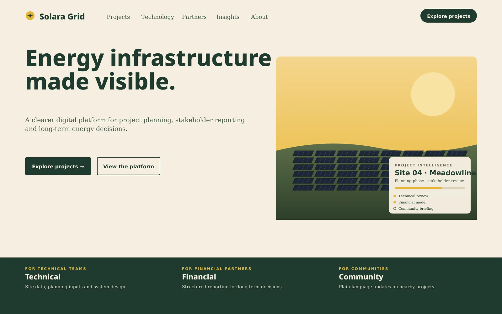 Solara Grid clean energy concept website homepage with solar infrastructure imagery, project information and stakeholder navigation